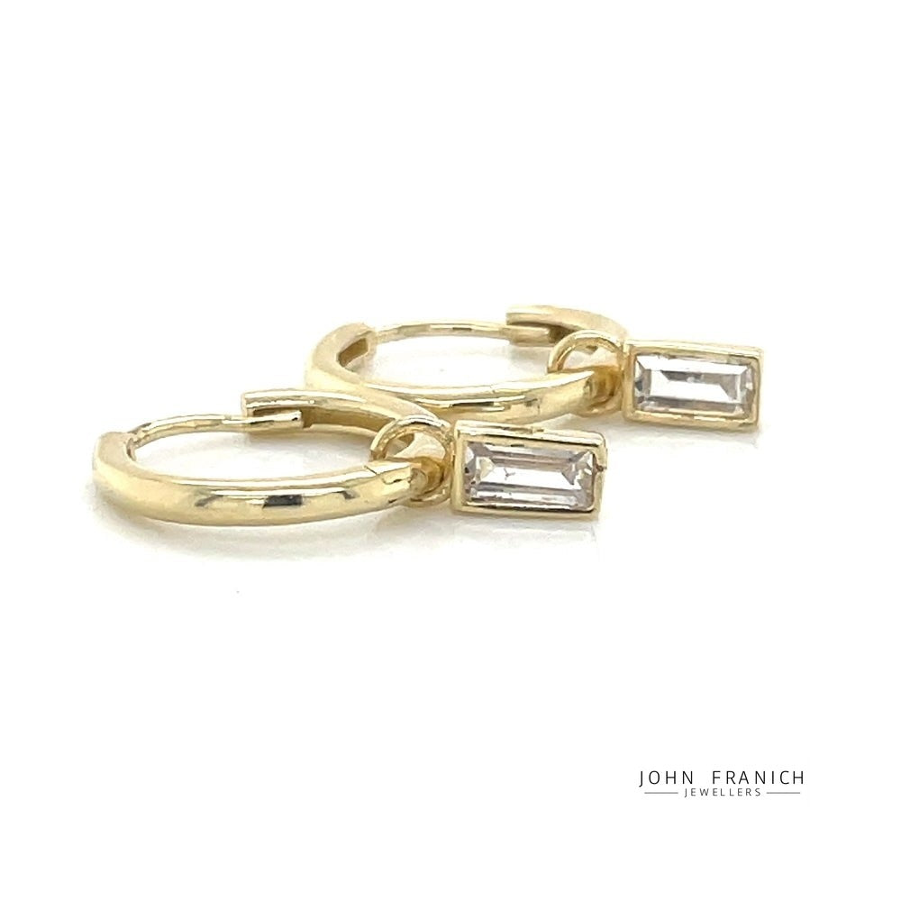9k Yellow Gold Huggie Earring w CZ Dangle john-franich-jewellers-nz