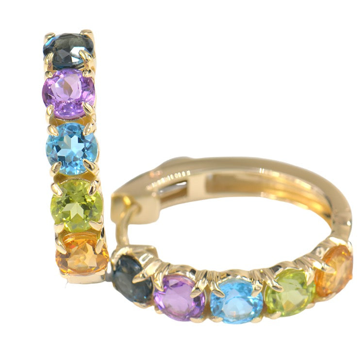 9k Yellow Gold Multi Coloured Stone Hoop Earrings