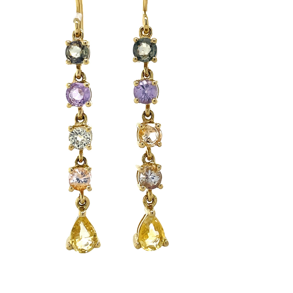 18k Yellow Gold Multi Colour Sapphires Drop Earrings