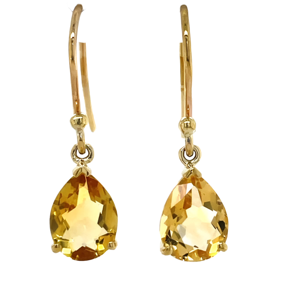 9k Yellow Gold Pear Citrine Drop Earrings