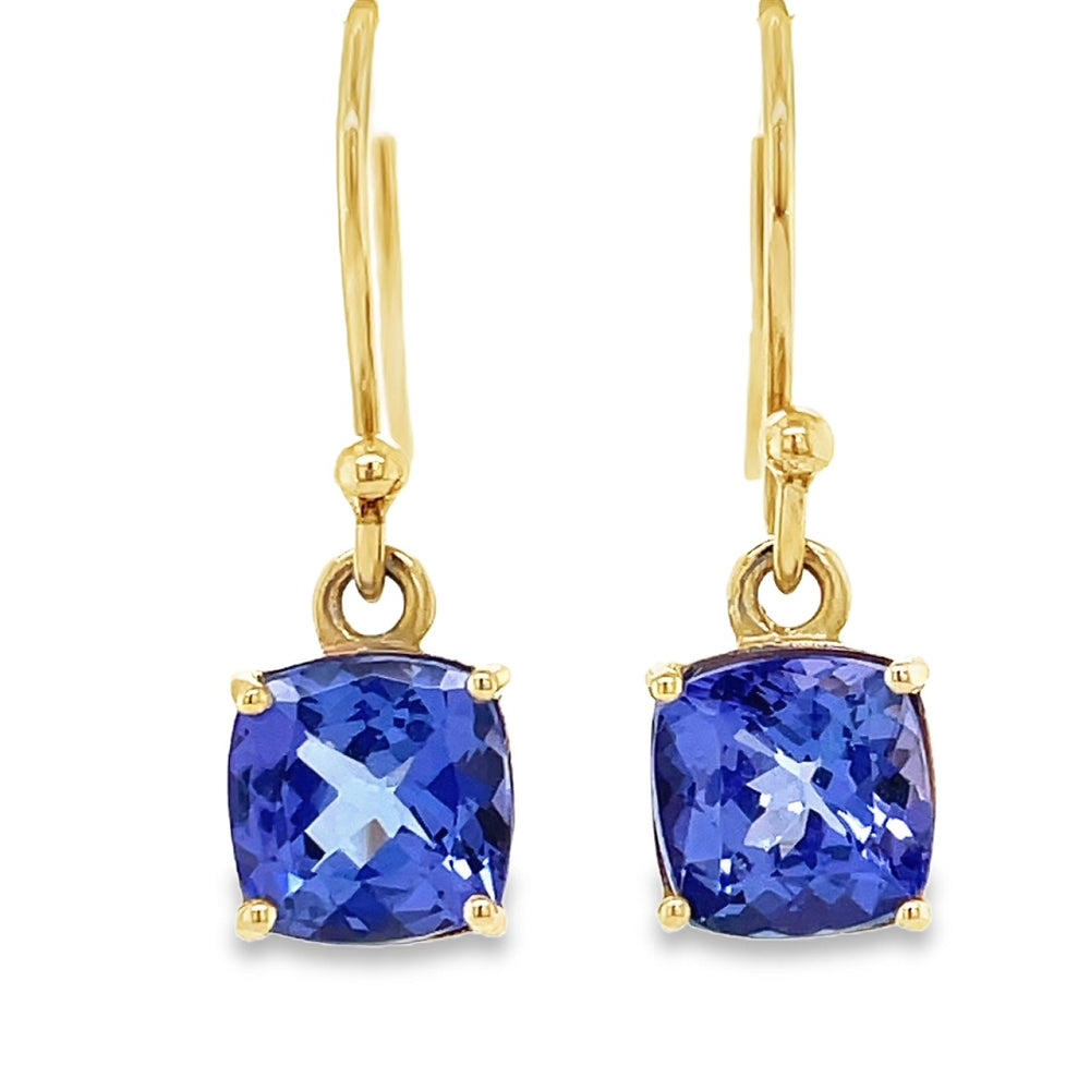 9k Yellow Gold 2.72ct Cushion Tanzanite Drop Earrings