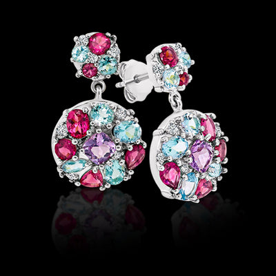 9K White Gold Amethyst,Pink Tourmaline, Aquamarine & White Topaz Earings