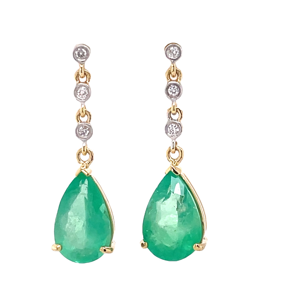 18k Yellow Gold 2=3.45ct Emeralds & Diamonds Drop Earrings