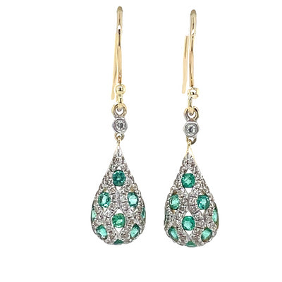 9k Yellow Gold 0.56ct Emeralds & 0.38ct Diamonds Drop Earrings