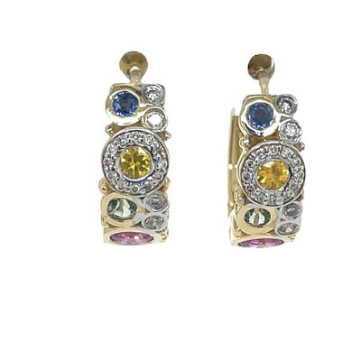 9k Yellow Gold Multi Colour Sapphires & Diamonds Huggie Earrings