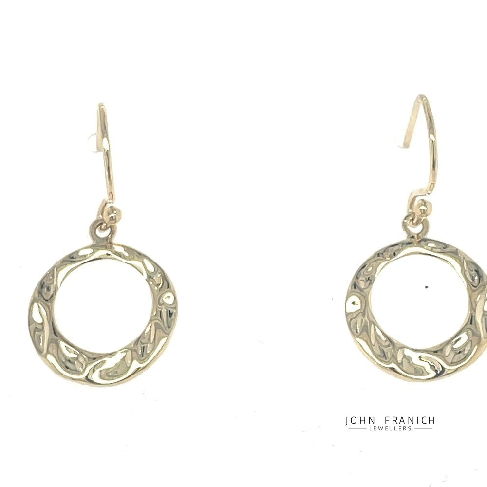 9k Yellow Gold Hammered Circle Drop Earrings