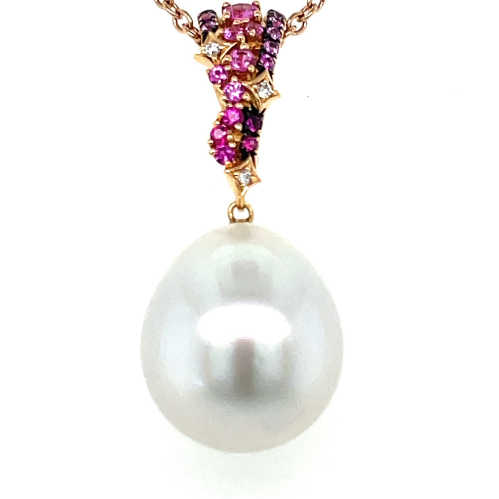 Autore18k Rose Gold South Sea Pearl w Pink Sapphires & Diamonds Pendant