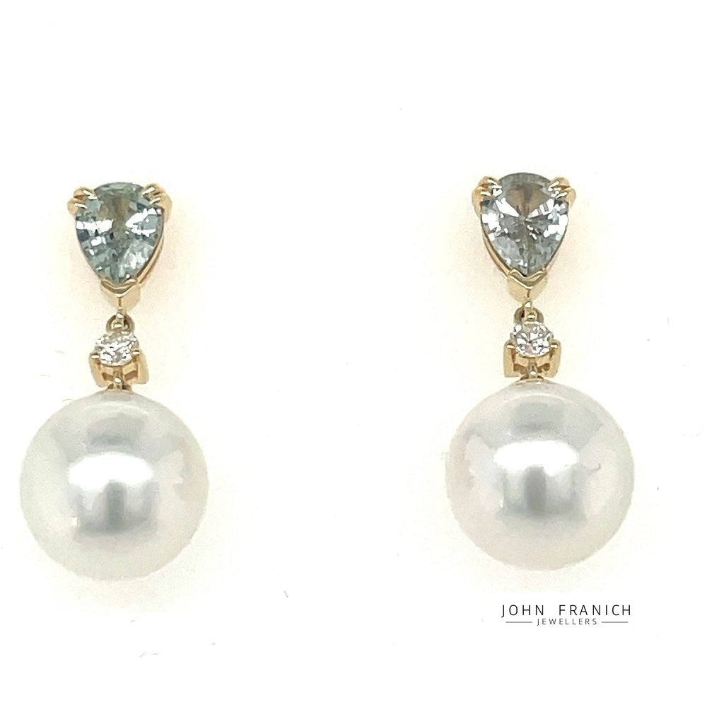 18k Yellow Gold South Seas Pearls, Pear Green Sapphires & Diamonds Drop Earrings john-franich-jewellers-nz
