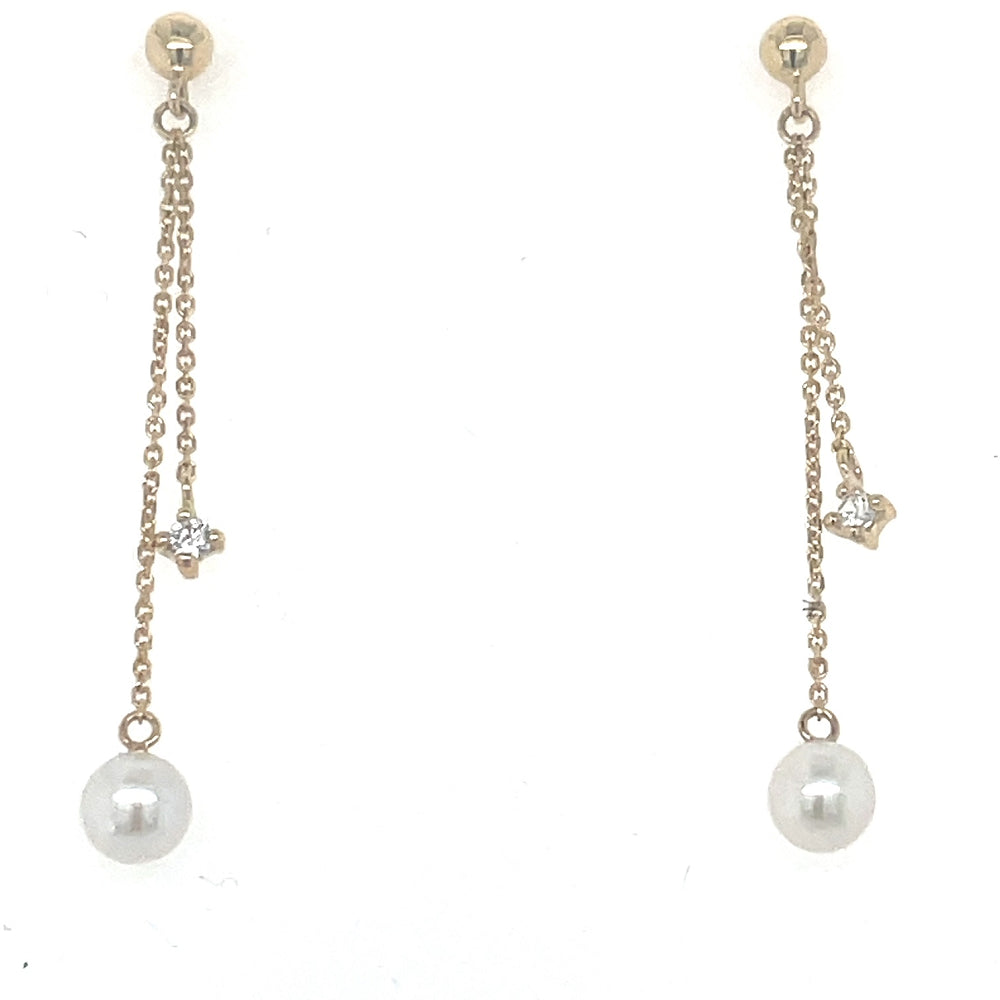 9k Yellow Gold Pearl & CZ Chain Drop Earrings