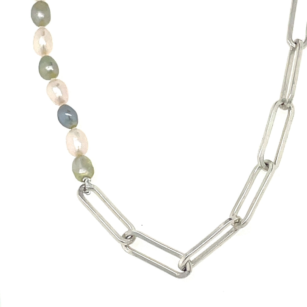 Stg Silver Green & White Freshwater Pearls Necklace