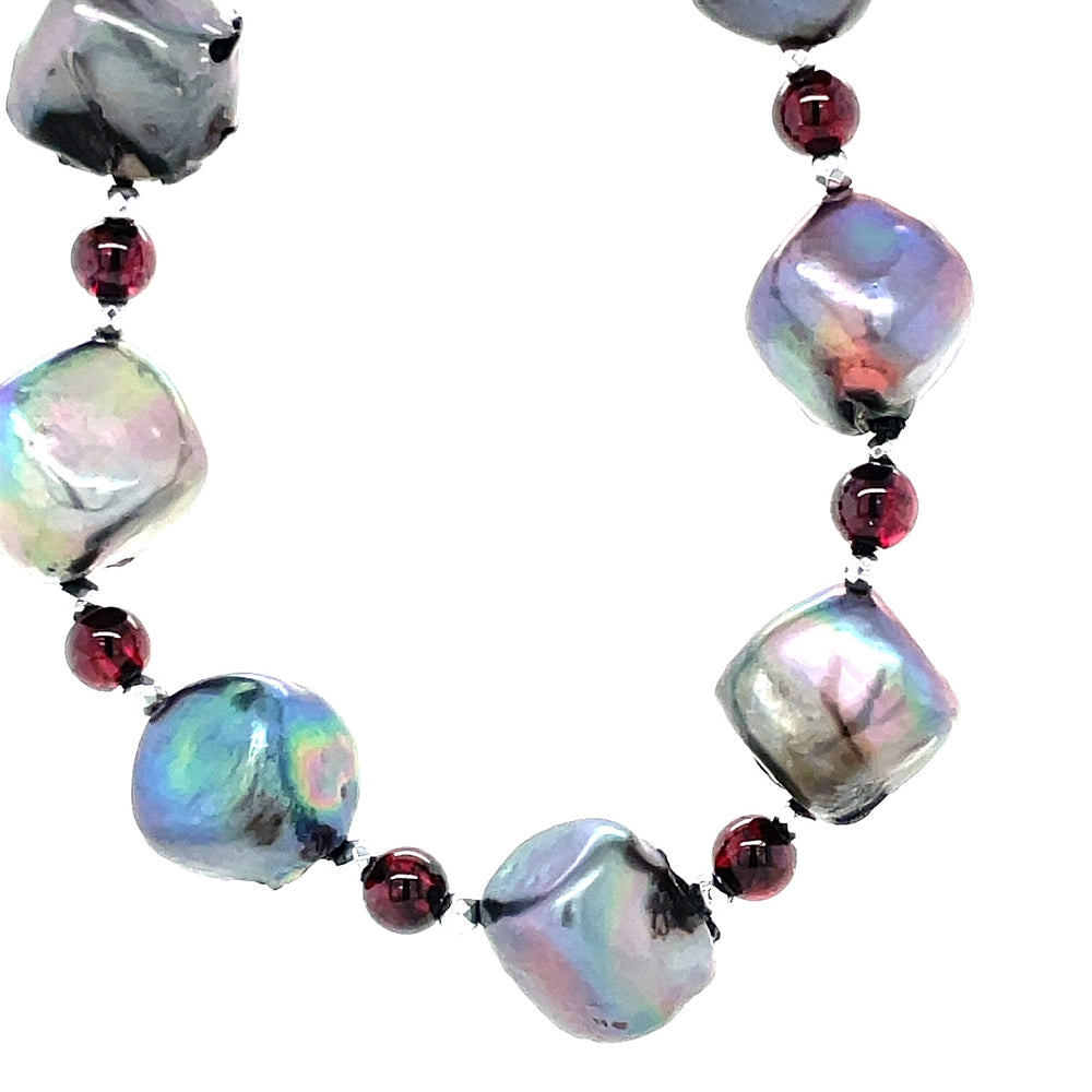 Baroque Black FW Pearl & Garnet Necklace 59cm