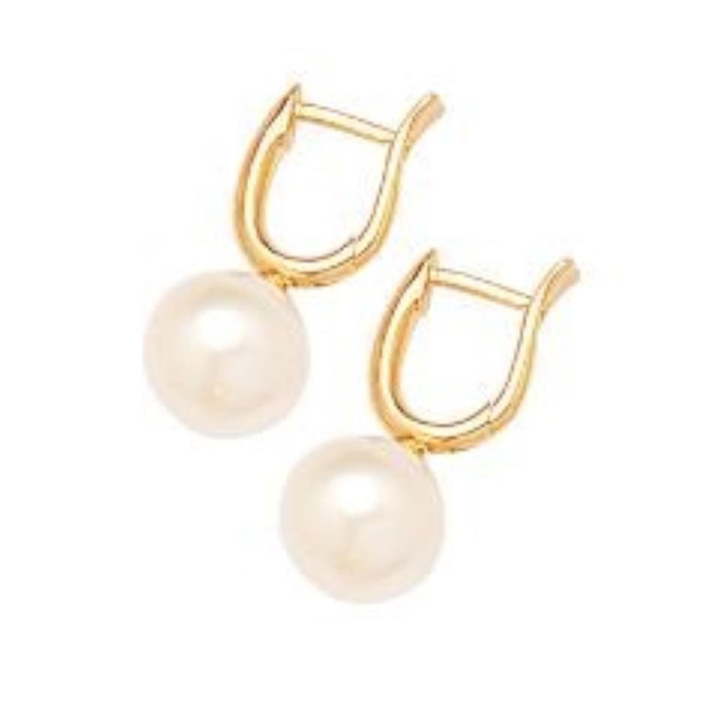 9K Yellow Gold FW Round Pearl Huggie Earrings