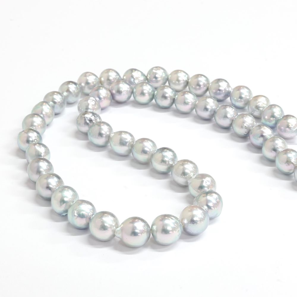 Single Strand 47x 9-9.5mm Natural Blue Akoya Pearls w Stg Silver Button Clasp