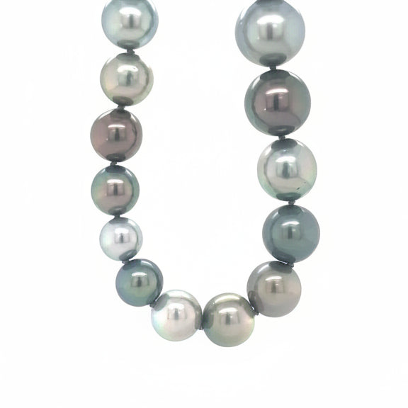 A single strand of multi-color Tahitian pearls with varying shades of gray, blue, and pink, finished with an 18K white gold brushed ball clasp.