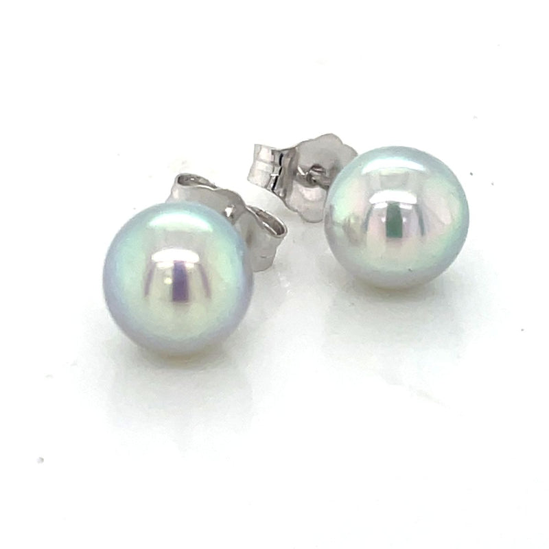 14k White Gold 6.5-7mm Natural Blue Akoya Pearl Stud Earrings