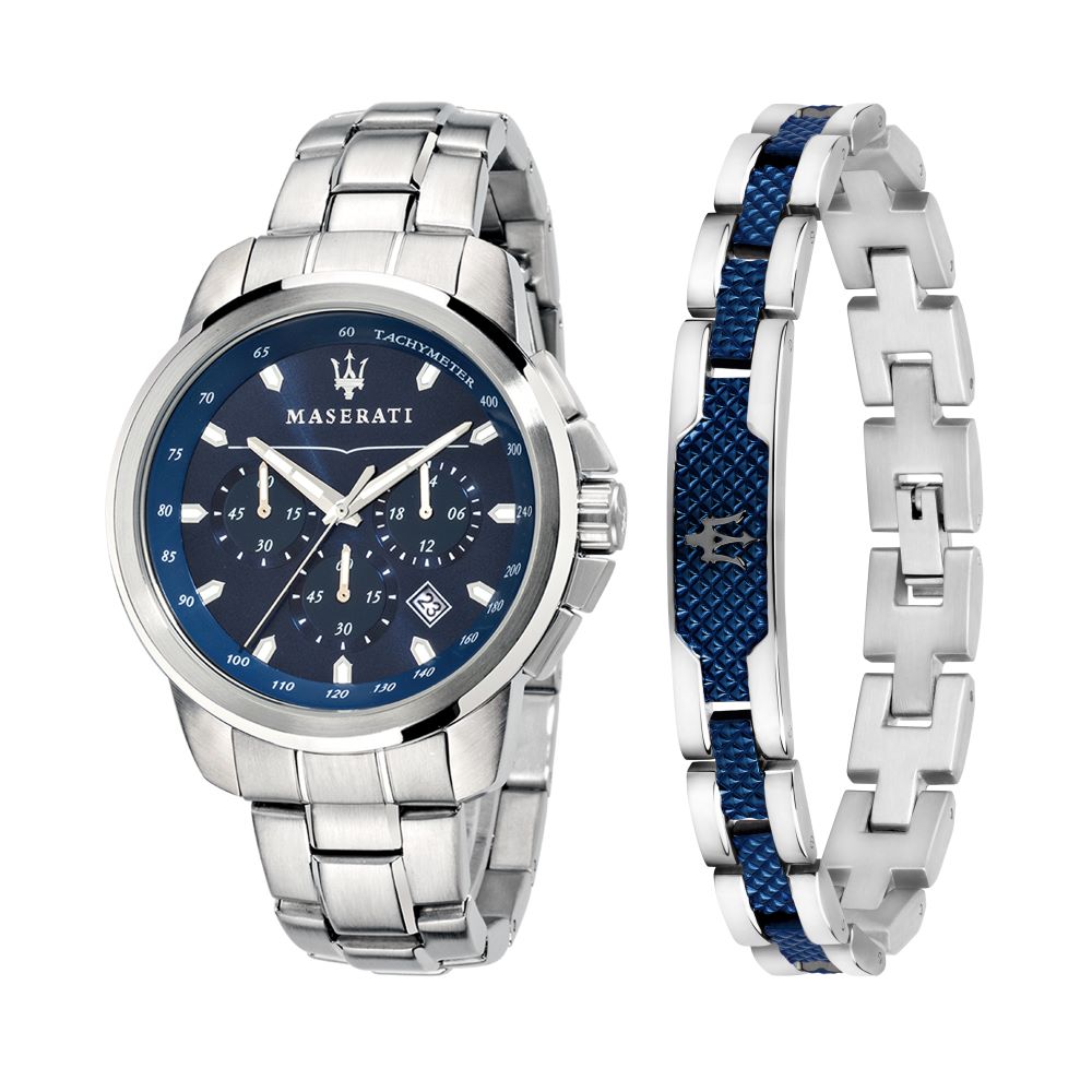 MASERATI SUCCESSO ST/STEEL/BLUE CHRONO WATCH & BRACELET GIFT SET