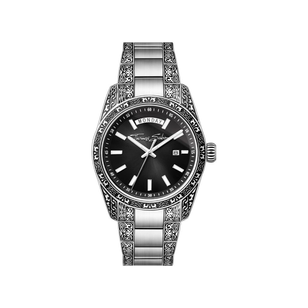 THOMAS SABO ENGRAVED BLACK STEEL WATCH 40mm