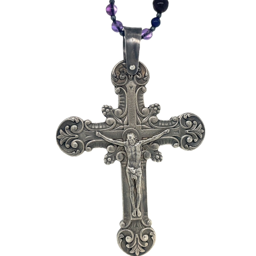 Stg Silver Crucifix Pendant on Beads Necklace