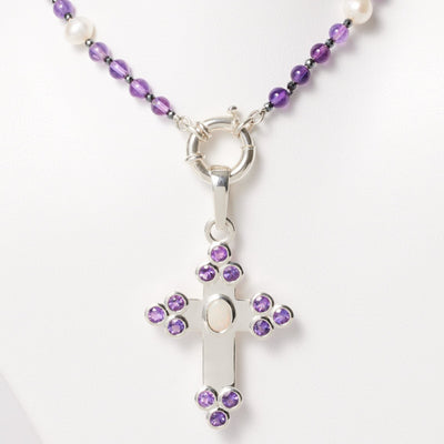 Stg Silver Cross Pendant 0.52ct Opal & 12=2.78ct Amethysts