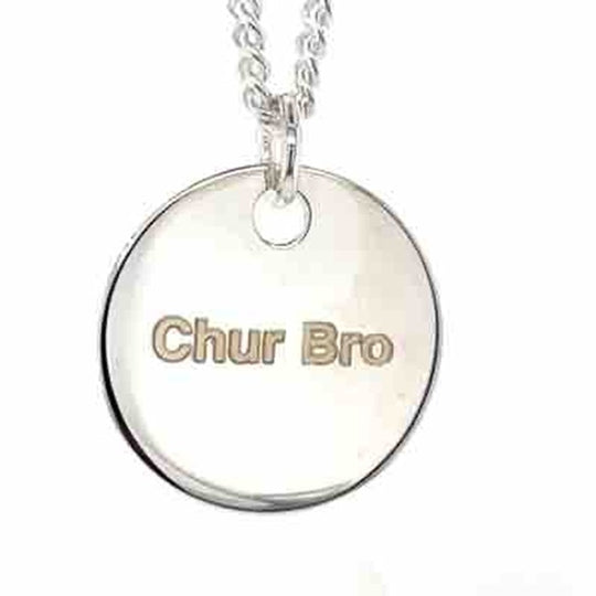 'Kiwiana' Stg Silver 'Chur Bro' Pendant w Curb Chain 60cm