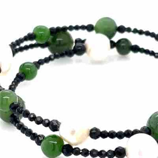 The "Elara" Black Spinel, Jade & FW Pearl Wrap Bracelet