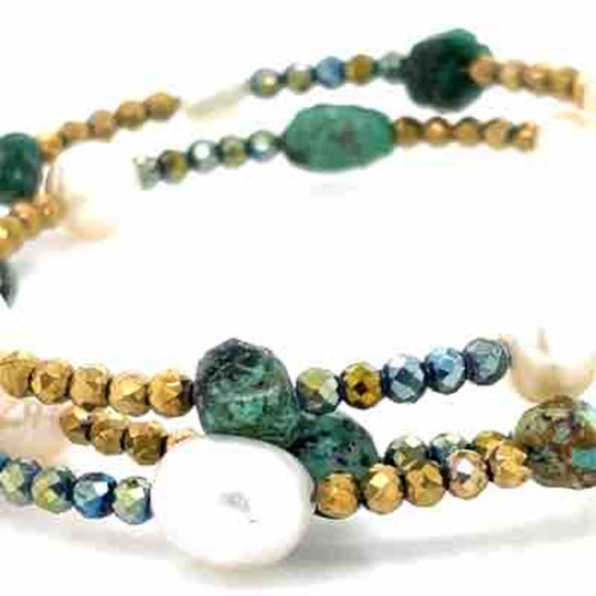 Teal Spinel,Turquoise & FW Pearl Wrap Bracelet