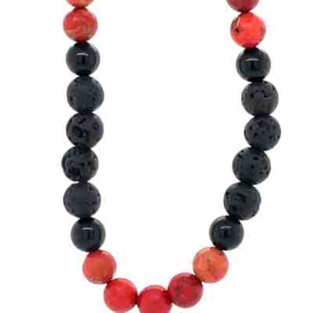 Onyx, Red Jasper & Lava Beads w Stg Silver Cartier Clasp