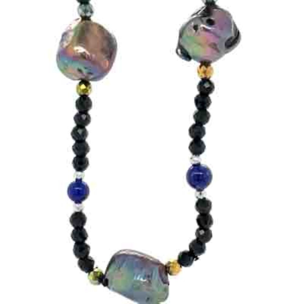 Black FW Pearl, Lapis Lazuli, Hematite, Black Spinel Endless Necklace 75cm
