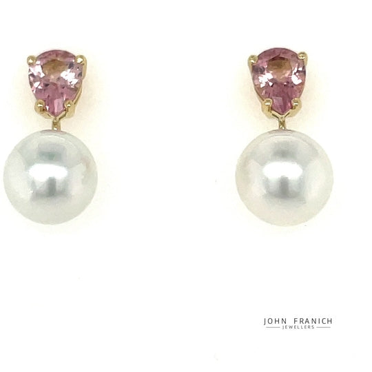 18k Yellow Gold 2.05ct Pink Tourmaline & South Seas Pearl Earrings