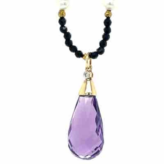 Black Spinel Necklace w 9k Gold Amethyst & Diamond Pendant