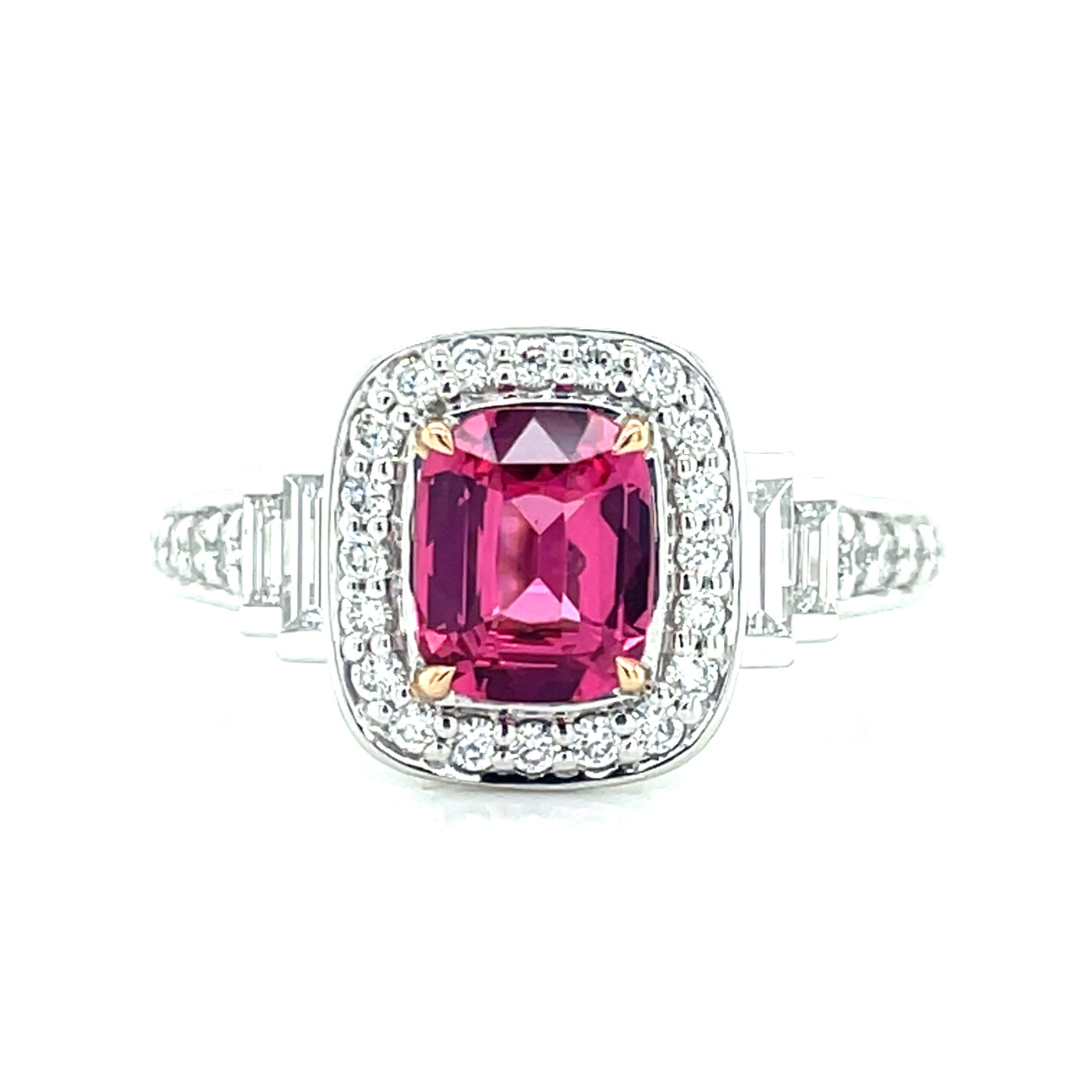 'Sandi' Platinum/18k Gold Pink Spinel (Mahenge) Baguette & Round Diamonds Ring