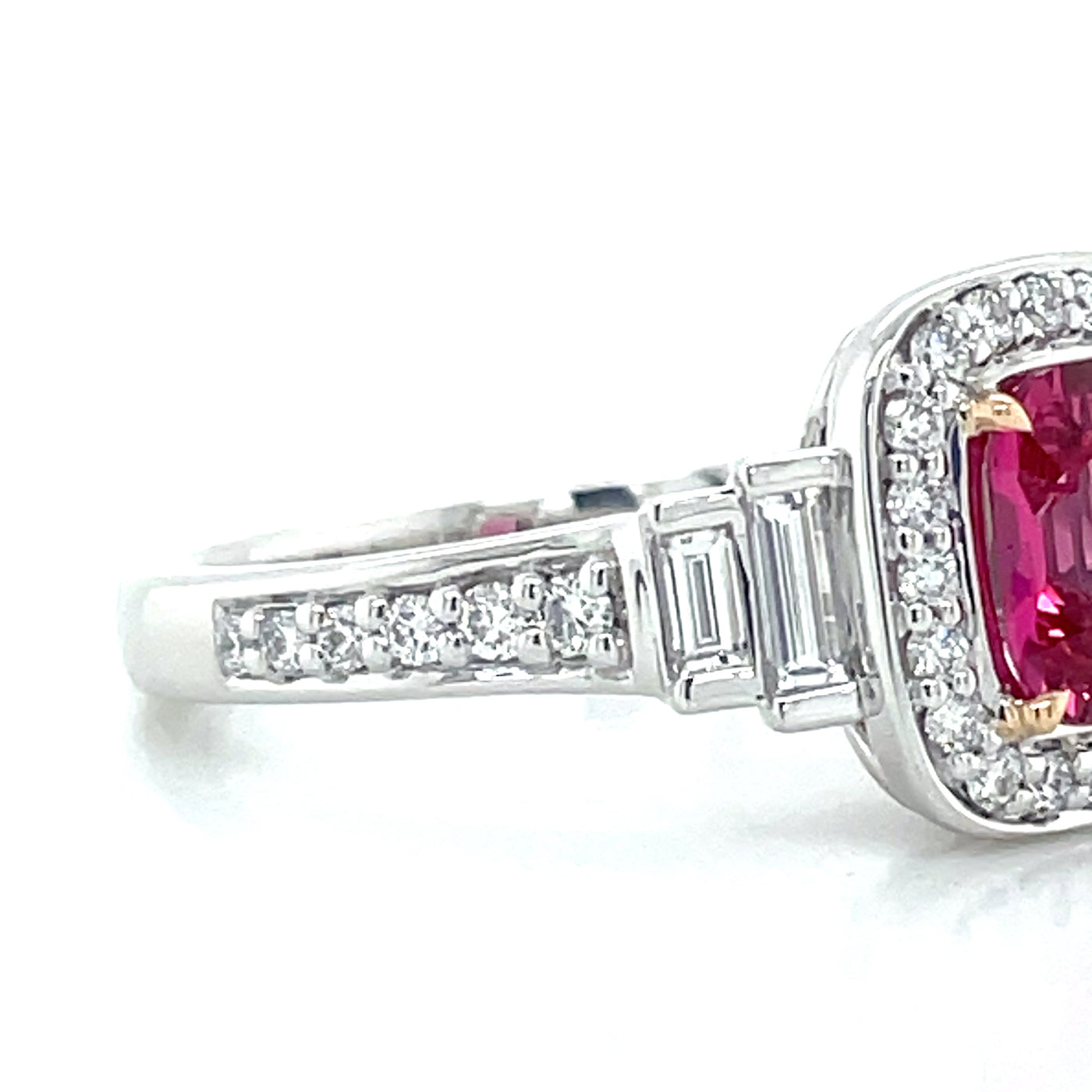 'Sandi' Platinum/18k Gold Pink Spinel (Mahenge) Baguette & Round Diamonds Ring