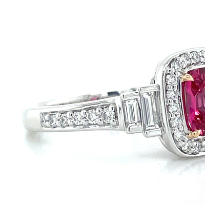 'Sandi' Platinum/18k Gold Pink Spinel (Mahenge) Baguette & Round Diamonds Ring
