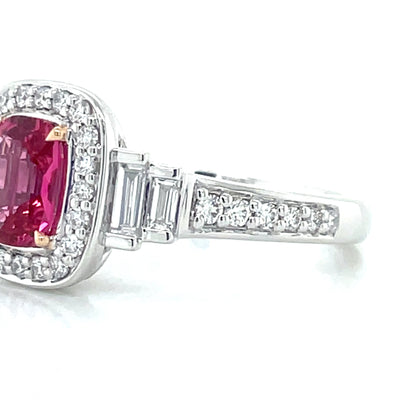 'Sandi' Platinum/18k Gold Pink Spinel (Mahenge) Baguette & Round Diamonds Ring