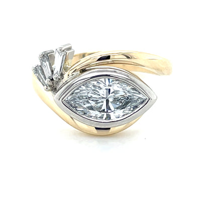'Edith' 9k Yellow Gold & Platinum 1.66ct LG Marquise & Baguette Diamonds Ring