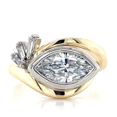 'Edith' 9k Yellow Gold & Platinum 1.66ct LG Marquise & Baguette Diamonds Ring