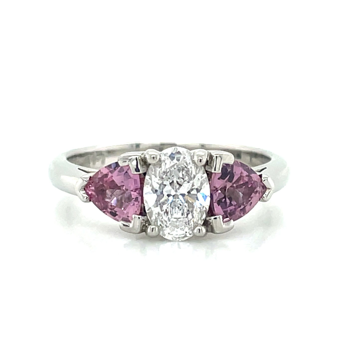 'Isabeau' Platinum 0.81ct Oval Diamond & Padparadscha Sapphires Ring