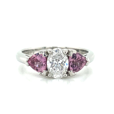 'Isabeau' Platinum 0.81ct Oval Diamond & Padparadscha Sapphires Ring