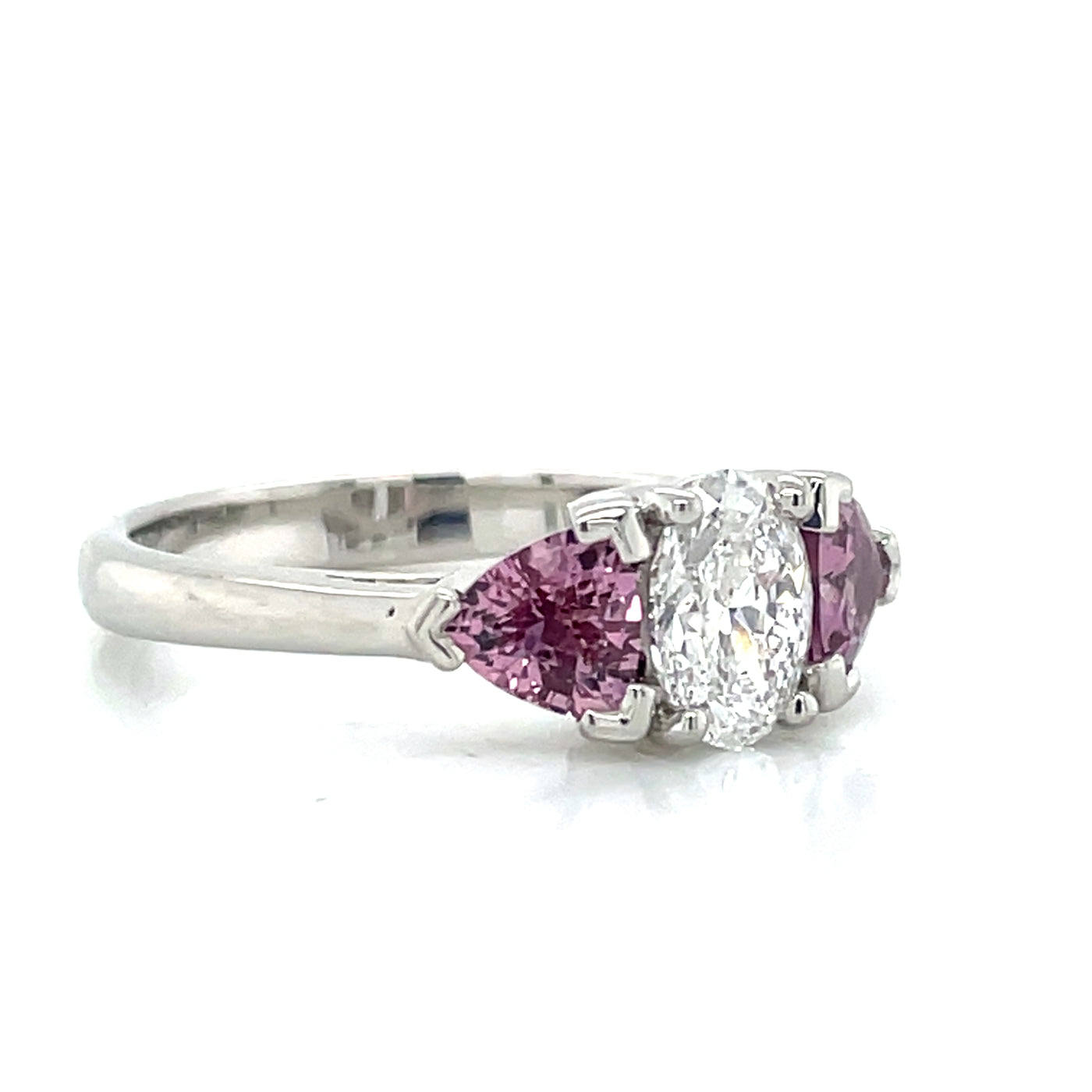 'Isabeau' Platinum 0.81ct Oval Diamond & Padparadscha Sapphires Ring