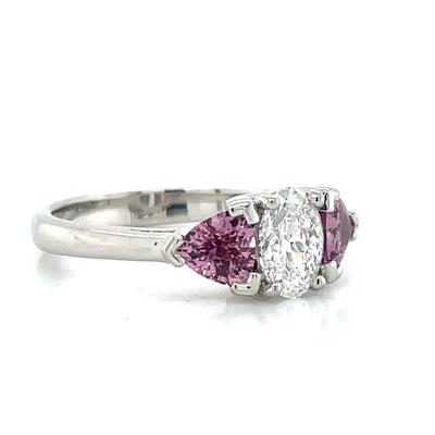 'Isabeau' Platinum 0.81ct Oval Diamond & Padparadscha Sapphires Ring