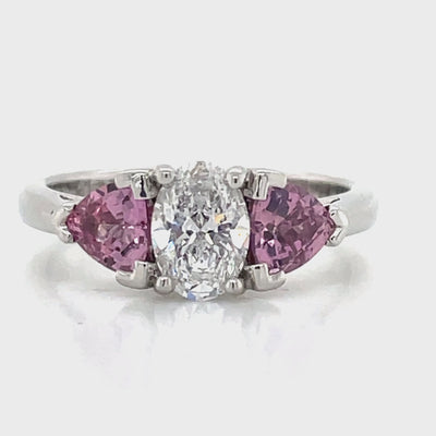 'Isabeau' Platinum 0.81ct Oval Diamond & Padparadscha Sapphires Ring
