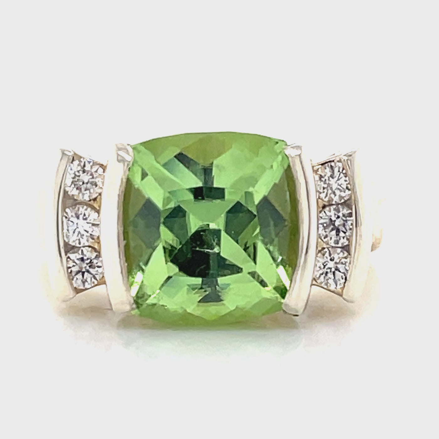 'Tawnia' 9k B/Tn 5.47ct Cushion Peridot & 6=0.25ct Diamonds Ring