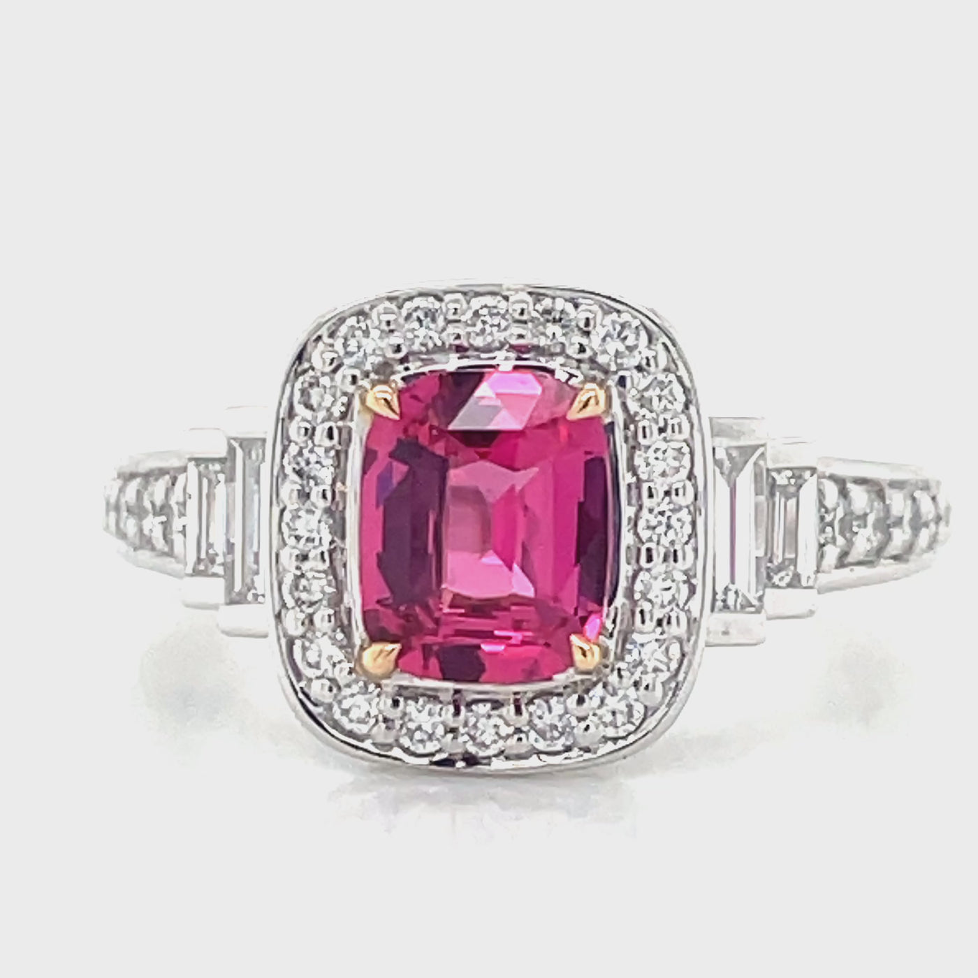 'Sandi' Platinum/18k Gold Pink Spinel (Mahenge) Baguette & Round Diamonds Ring
