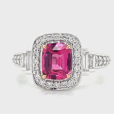 'Sandi' Platinum/18k Gold Pink Spinel (Mahenge) Baguette & Round Diamonds Ring