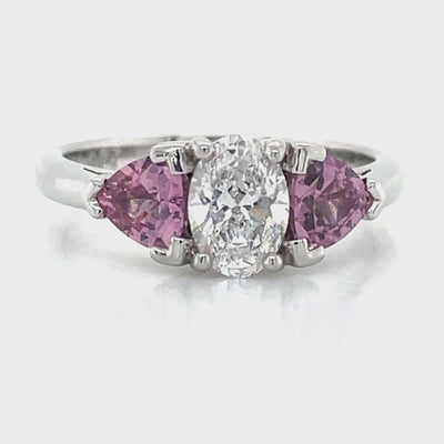 'Isabeau' Platinum 0.81ct Oval Diamond & Padparadscha Sapphires Ring