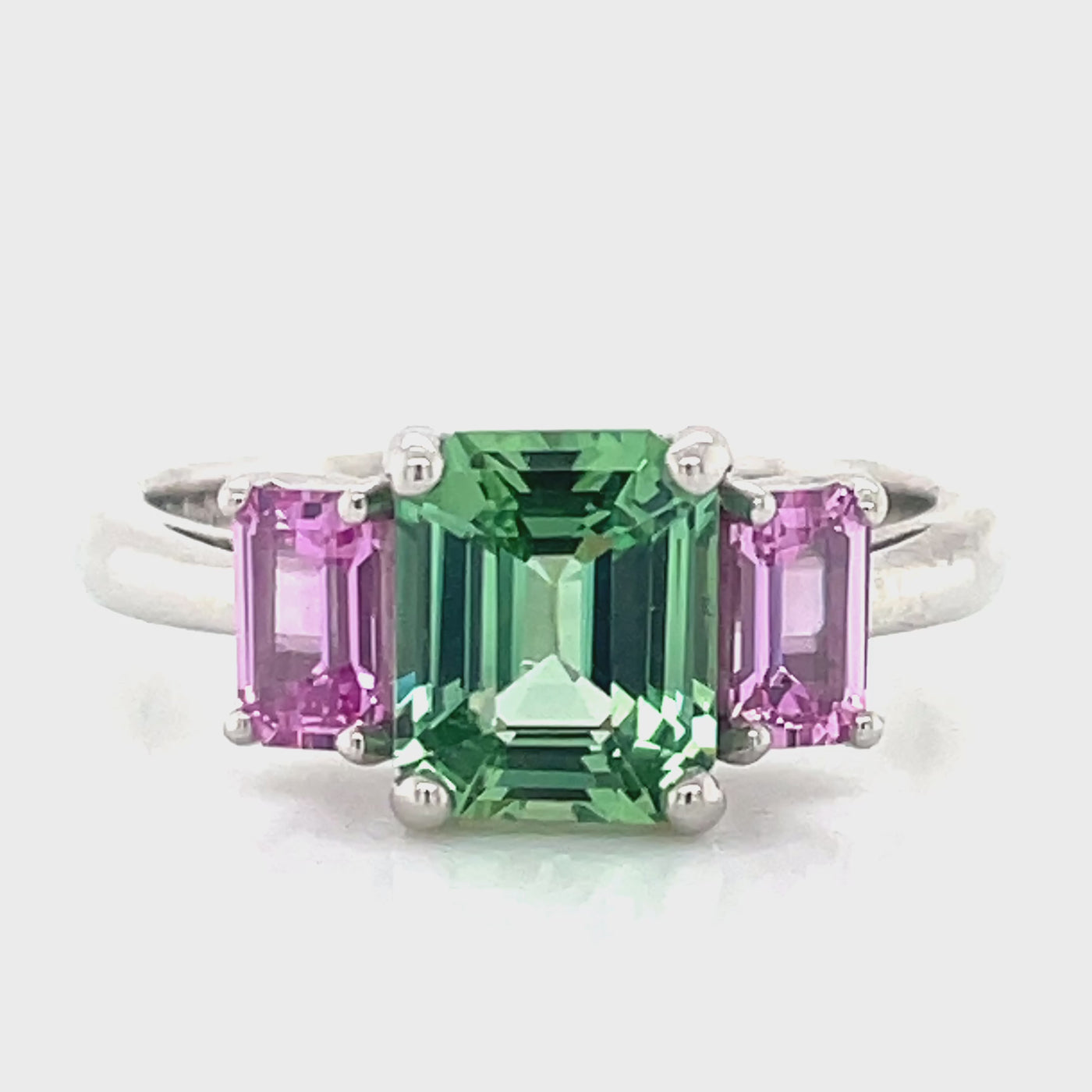 'Phoebe' Platinum 1.78ct Cushion Green Tourmaline & Pink Sapphires Ring