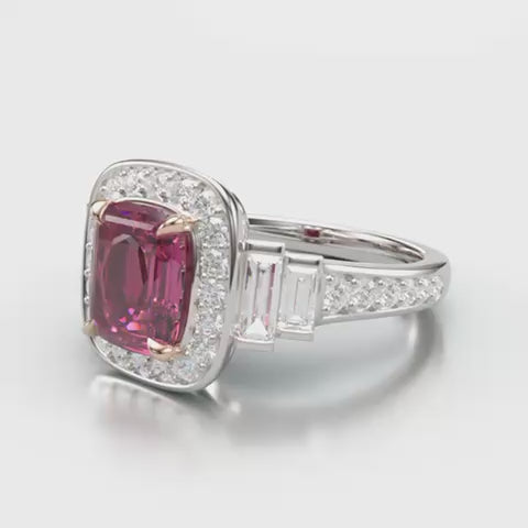 'Sandi' Platinum/18k Gold Pink Spinel (Mahenge) Baguette & Round Diamonds Ring