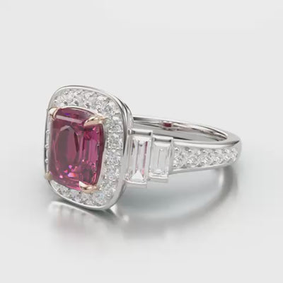'Sandi' Platinum/18k Gold Pink Spinel (Mahenge) Baguette & Round Diamonds Ring