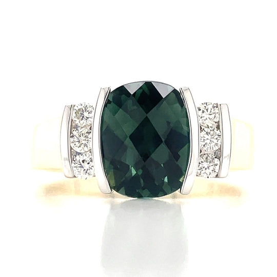 9K B/Tne 2.35ct Cushion Green Tourmaline & Diamond Ring