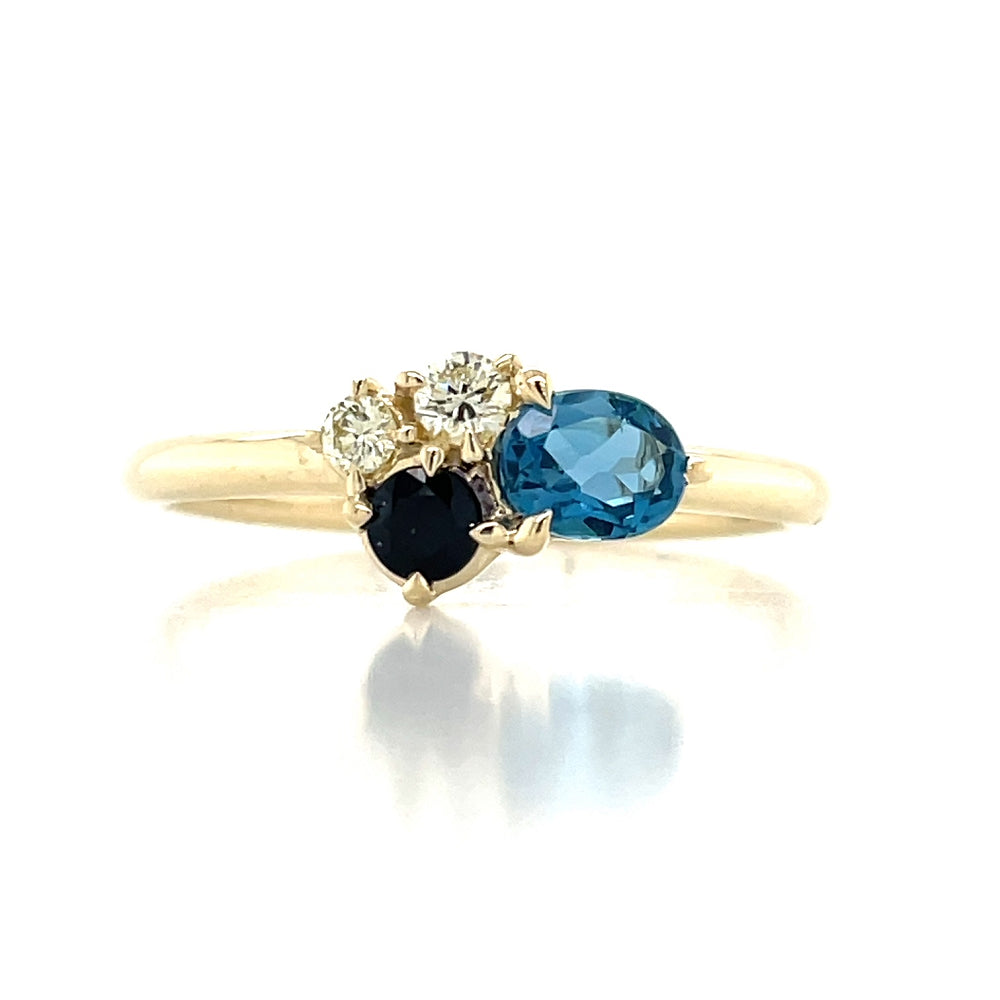 9k Yellow Gold Sapphire,London BlueTopaz & Diamonds Ring